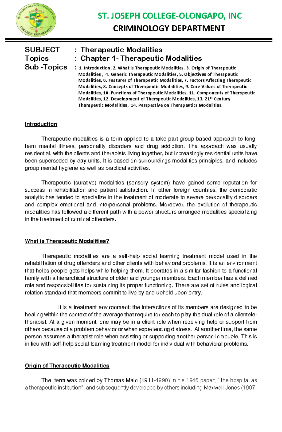 Module 1 Therapeutic Modalities 1st Sem - SUBJECT : Therapeutic ...