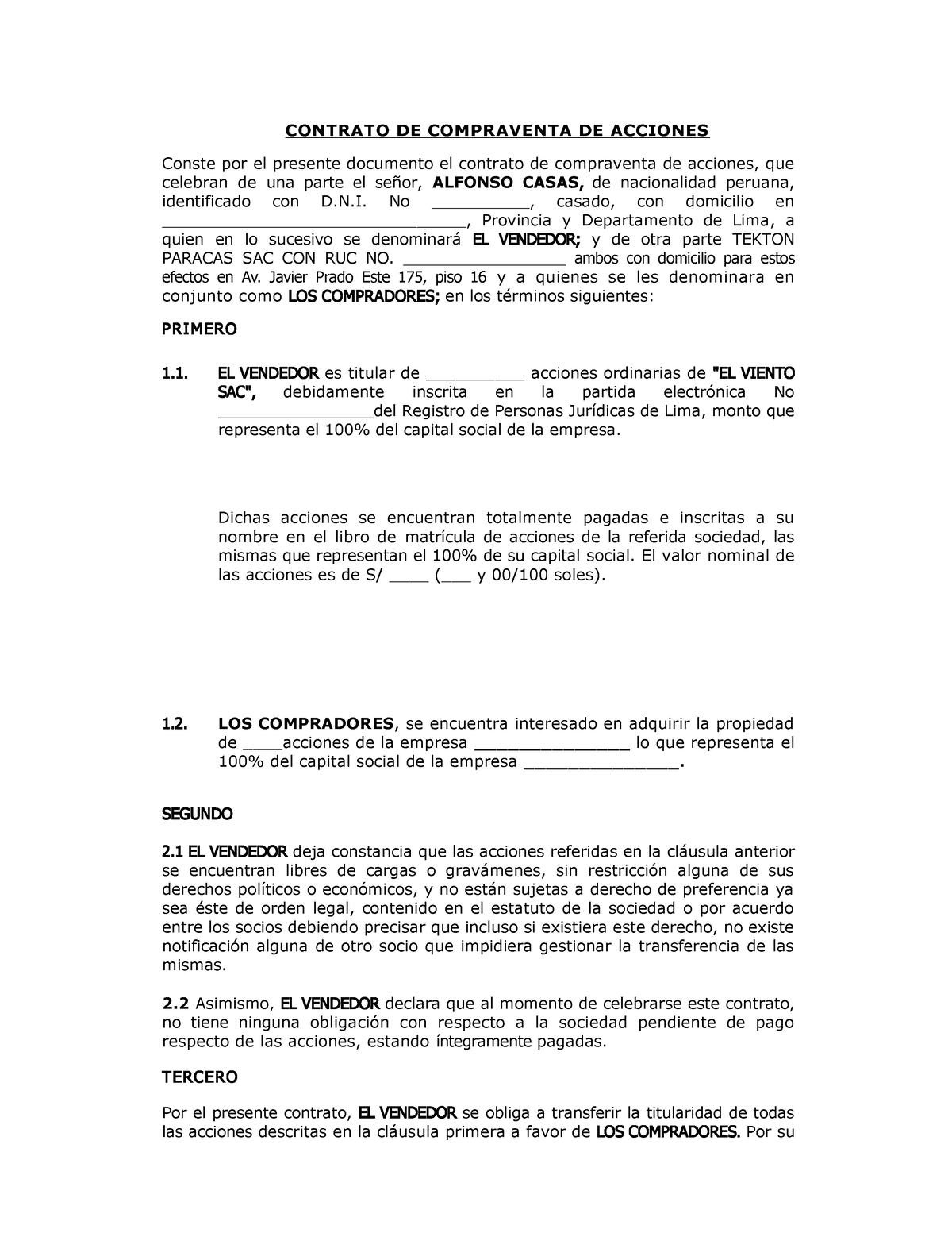Contrato De Compraventa De Acciones Paracas V2 Contrato De Compraventa De Acciones Conste Por 7511