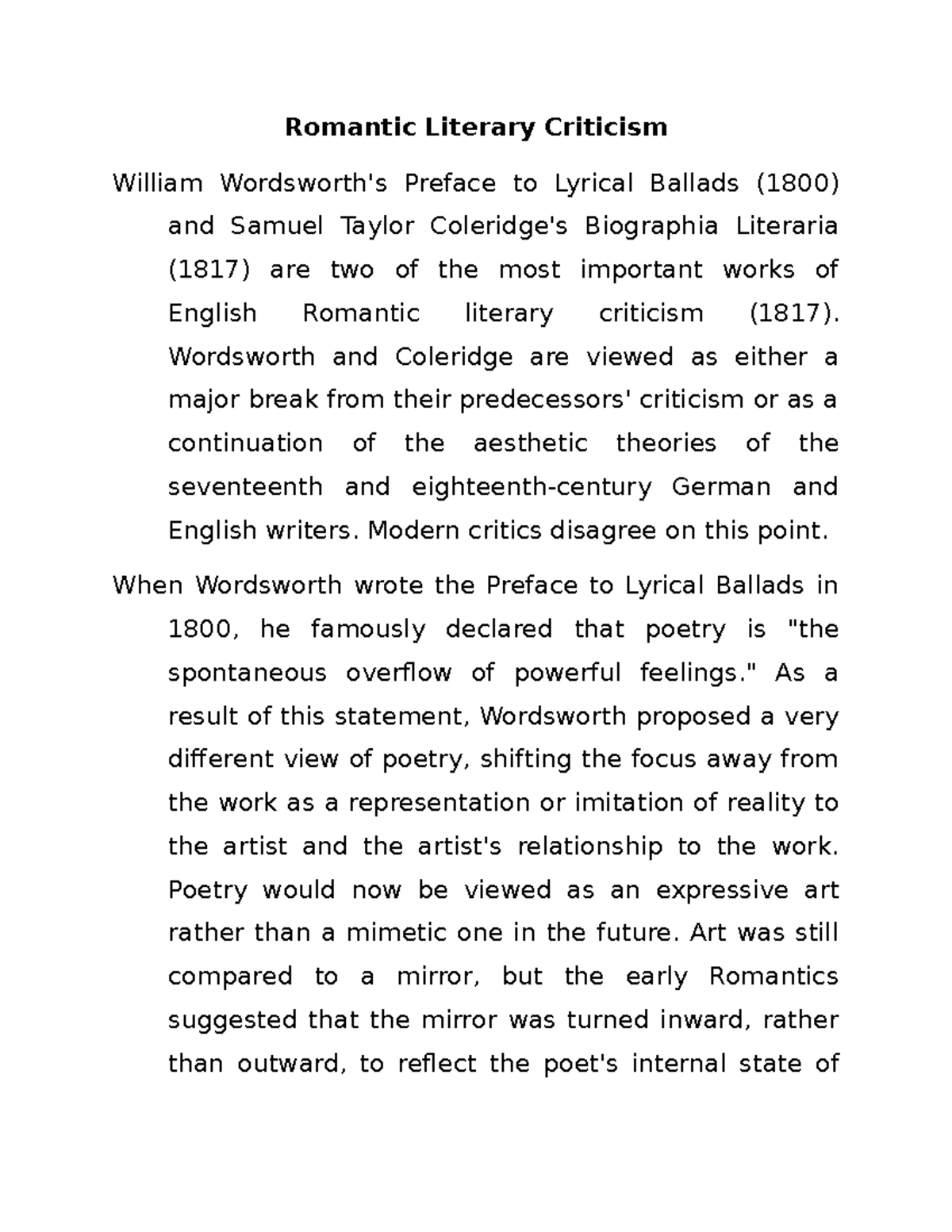 Literary Criticism Wordsworth