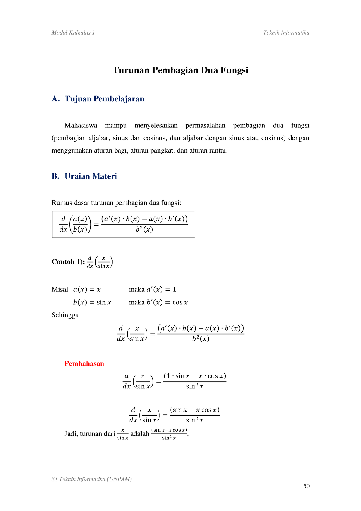 Turunan Pembagian Dua Fungsi - Kalkulus Diferensial - Modul Kalkulus 1 ...