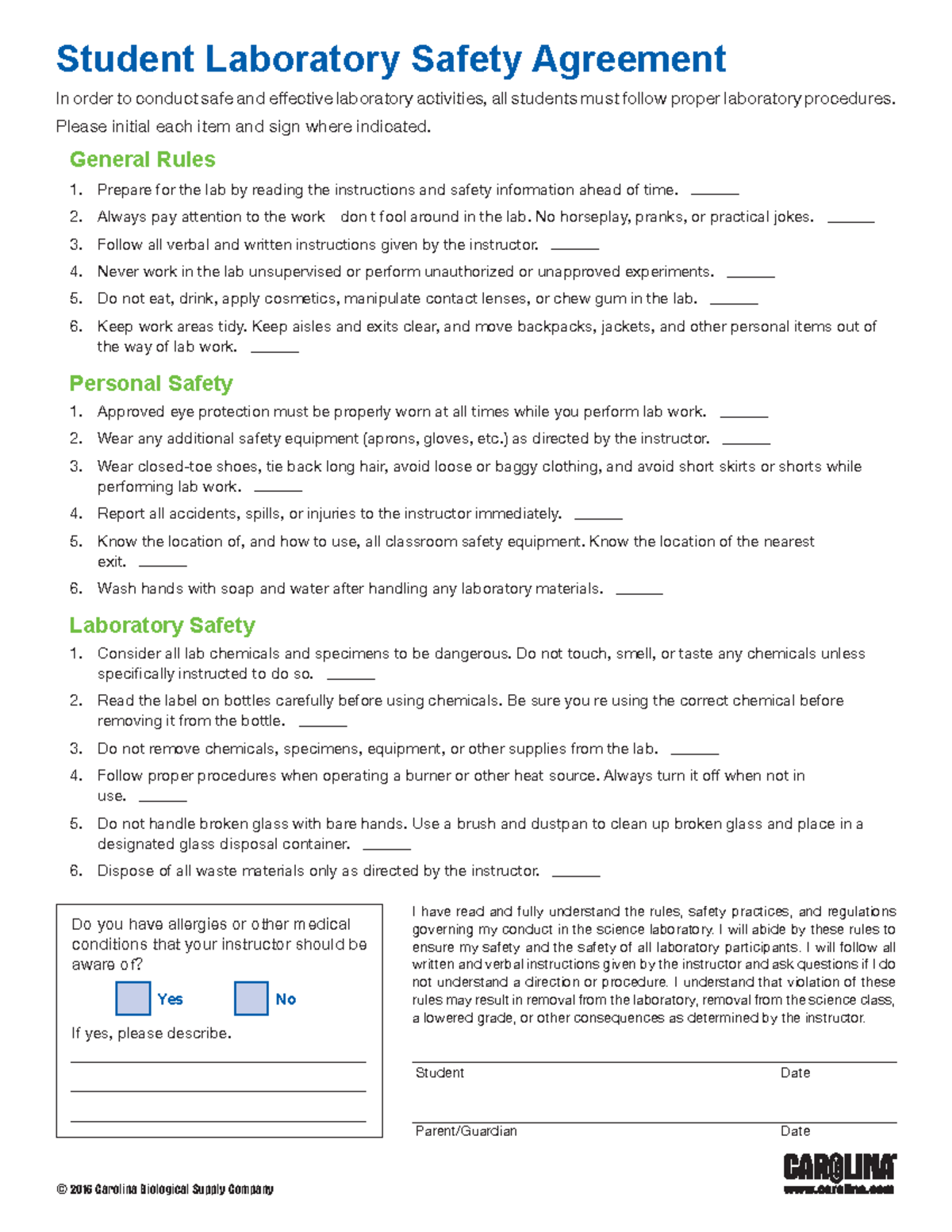 Student lab safety agreement © 2016 Carolina Biological Supply