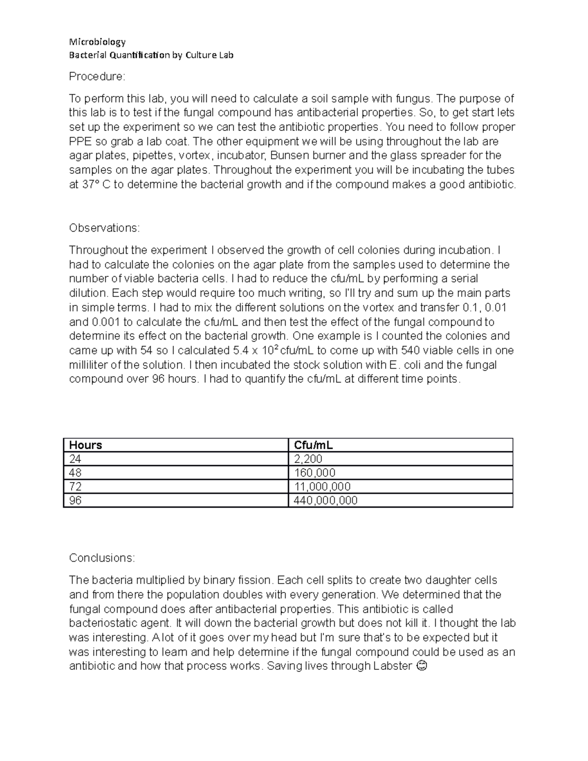 Bacterial Quantification by Culture Lab Microbiology Bacterial