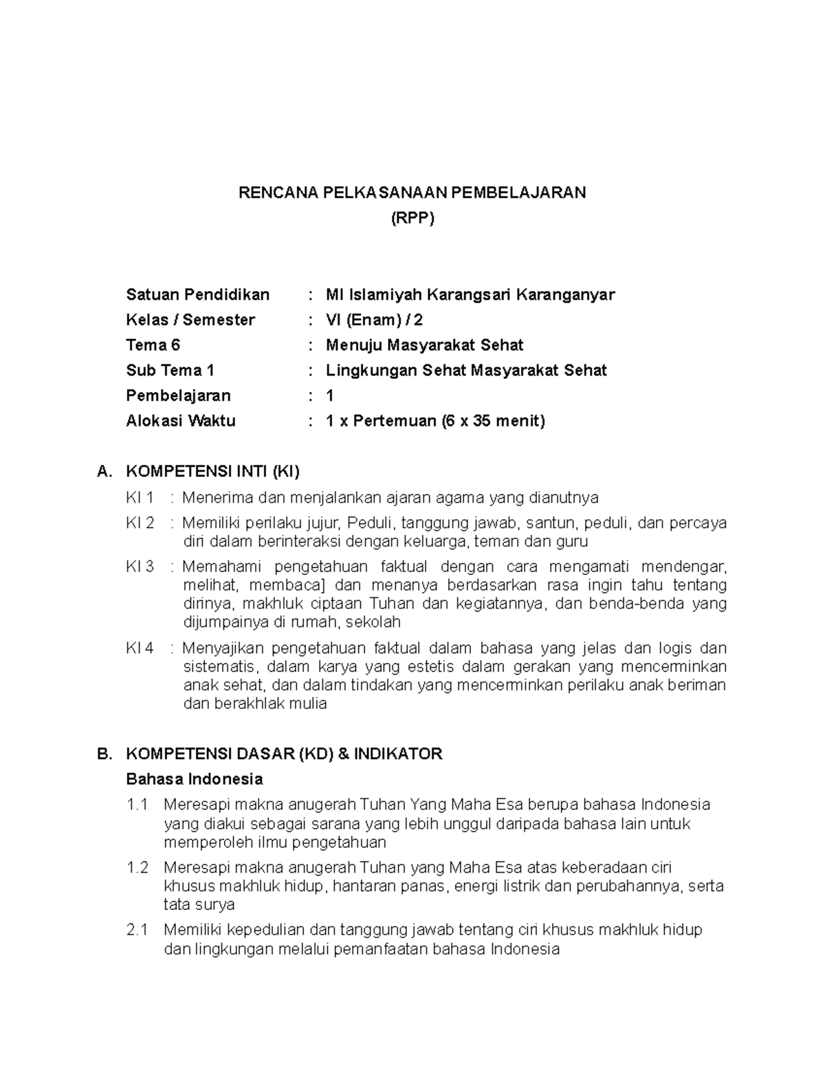 RPP Kelas 6 SD K13 TEMA 6 ST 1 - RENCANA PELKASANAAN PEMBELAJARAN (RPP ...