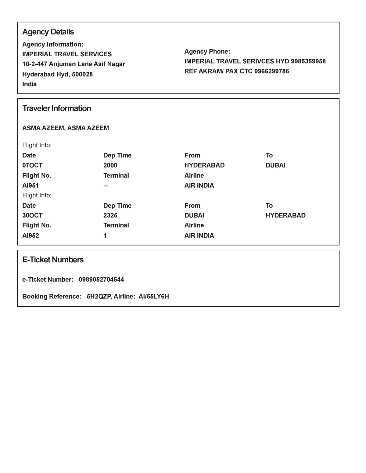 Electronic Ticket Receipt - Agency Details Agency Information: IMPERIAL ...