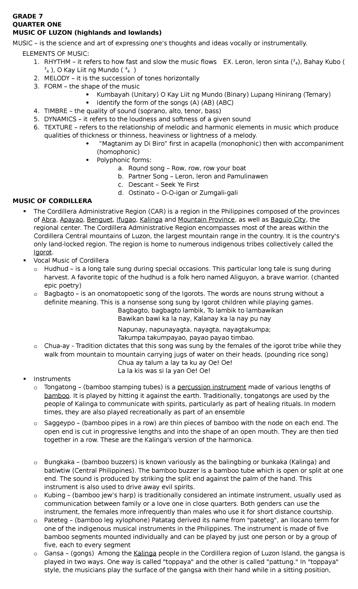 Music Q1 handout - GRADE 7 QUARTER ONE MUSIC OF LUZON (highlands and ...