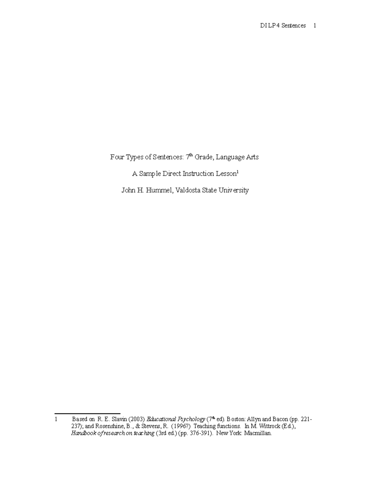 Sample Direct Ins LP Sentences Four Types Of Sentences 7th Grade