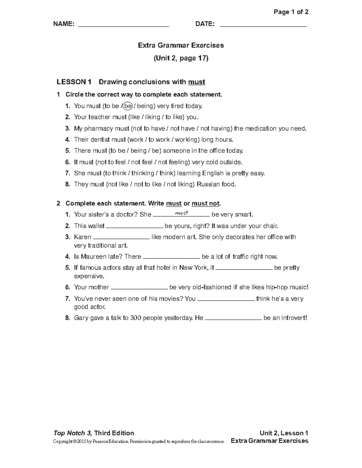 UNIT 02 Extra Gram Exercises NAME _________________________ DATE