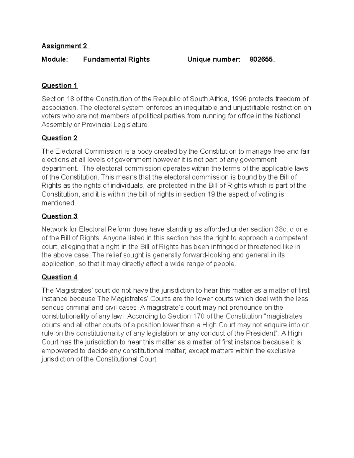 FUR assignment 2 - Assignment 2 Module: Fundamental Rights Unique ...