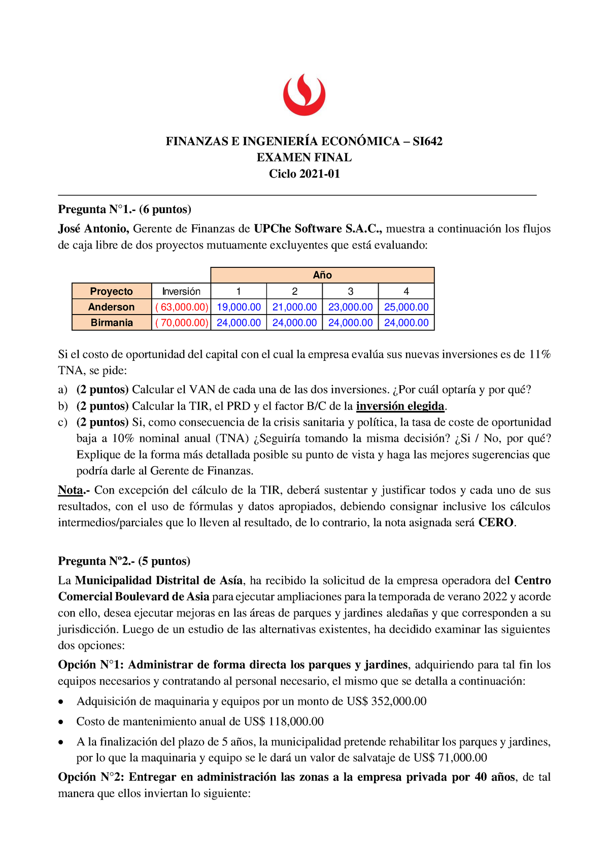 FIE - Examen Nº2 - 2021-1 - FINANZAS E INGENIERÍA ECONÓMICA – SI EXAMEN ...