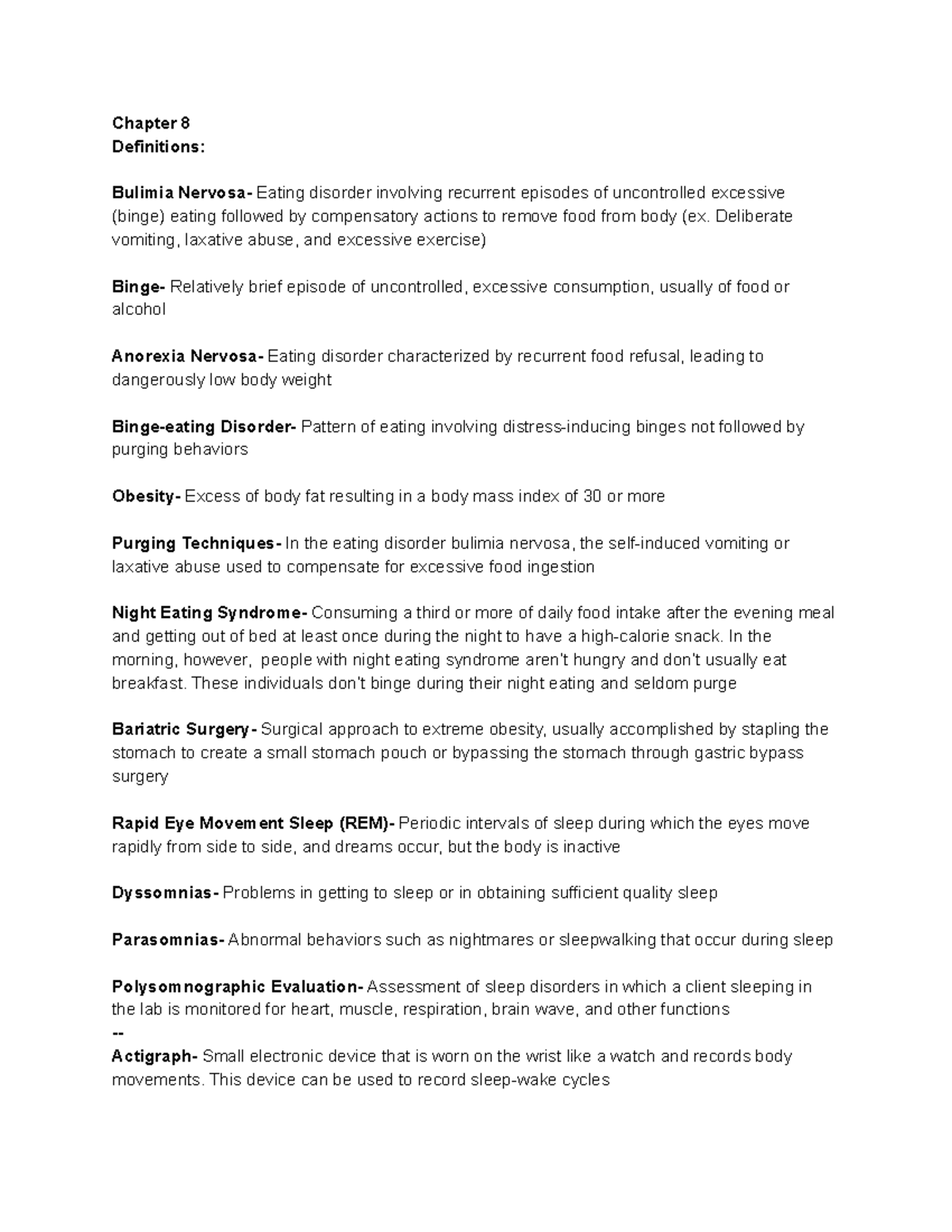 Psych 270 Chapter 8 Notes - Chapter 8 Definitions: Bulimia Nervosa ...