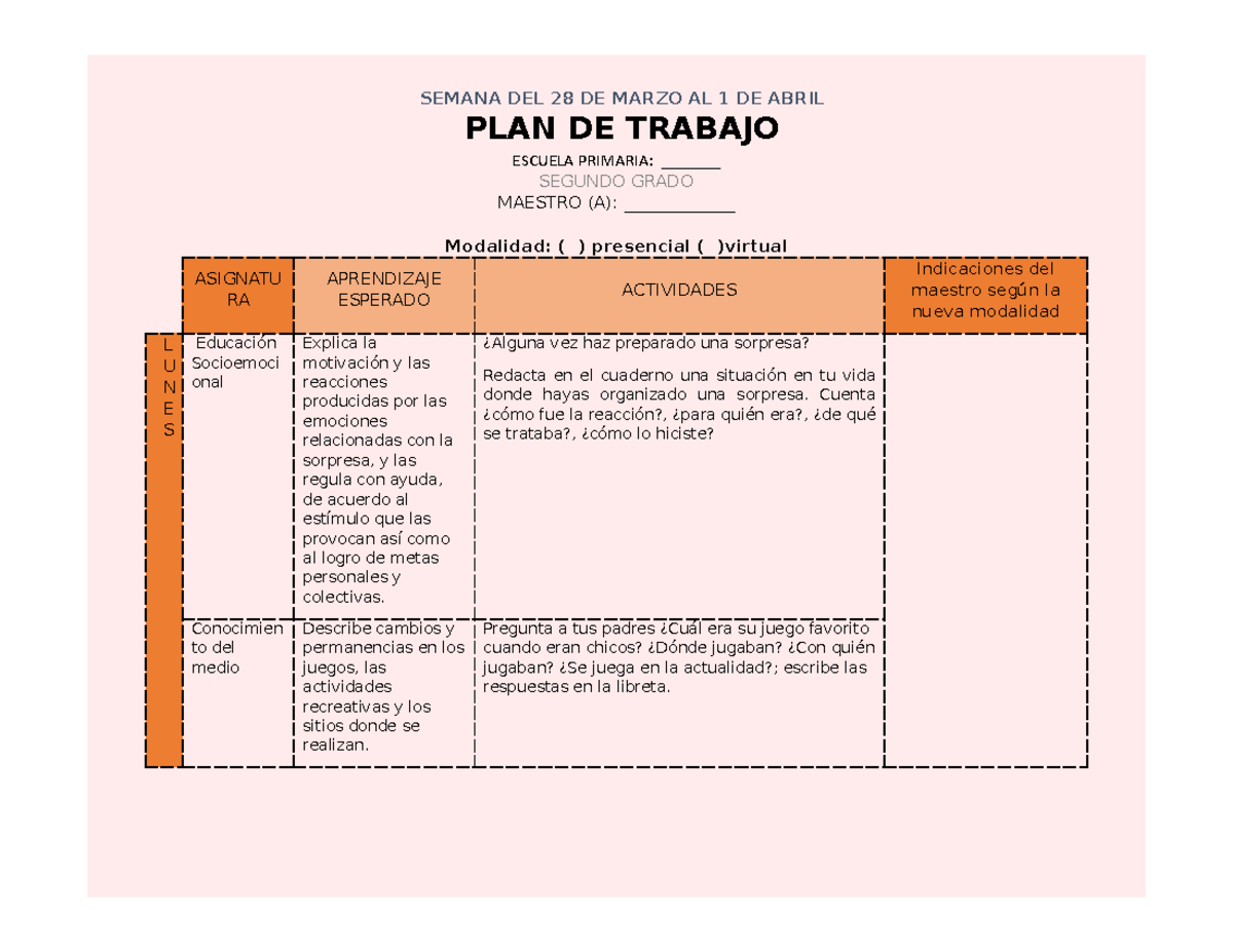 2° PLAN DE Trabajo Semana 29 Editable WORD - SEMANA DEL 28 DE MARZO AL ...