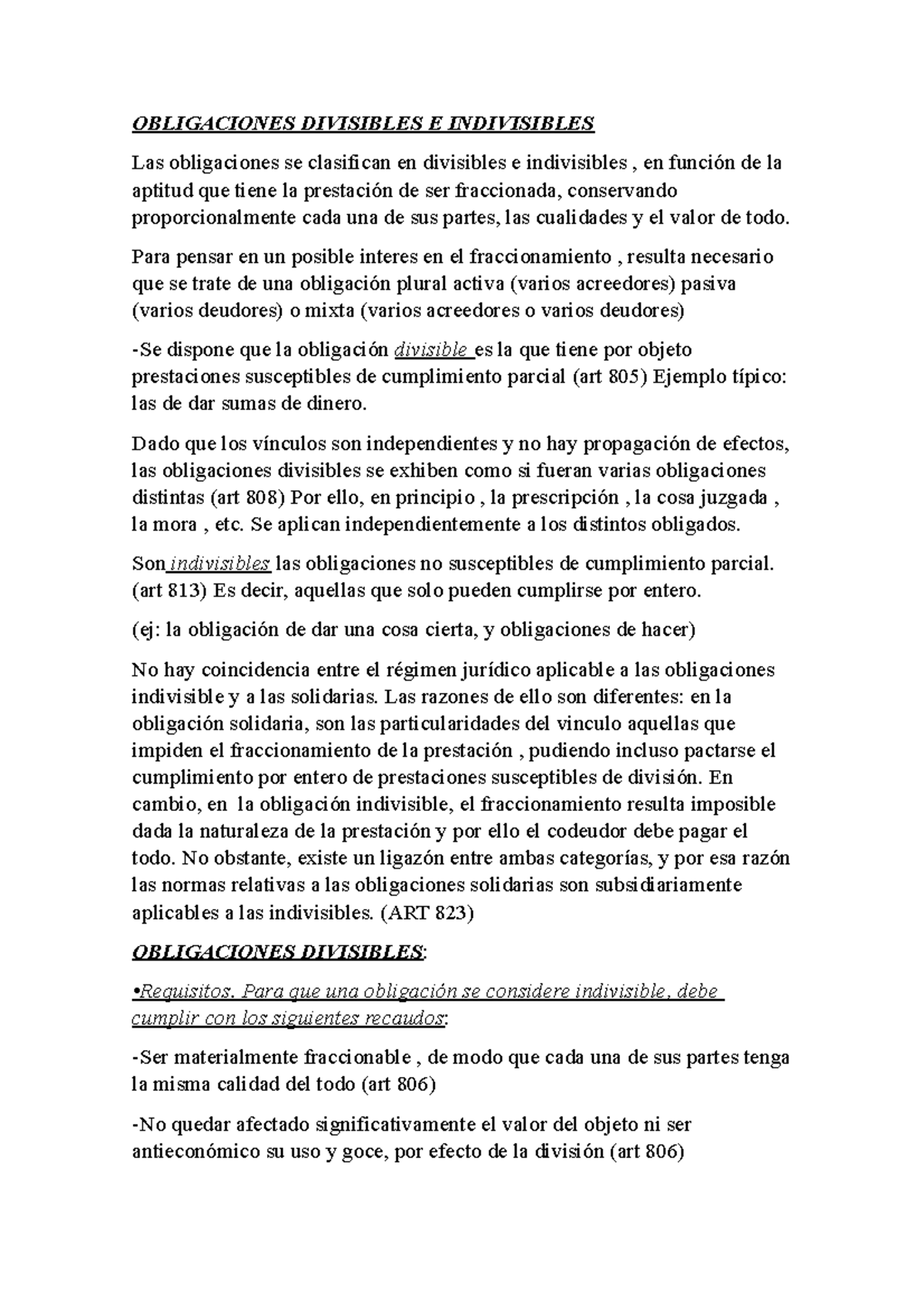 Obligaciones Divisibles E Indivisibles OBLIGACIONES DIVISIBLES E 