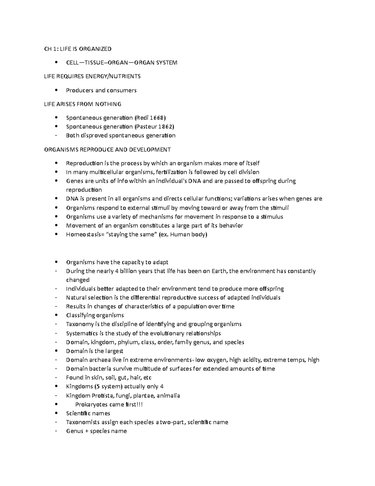 BIO Notes TEST 1 - CH 1: LIFE IS ORGANIZED CELL—TISSUE-ORGAN—ORGAN ...