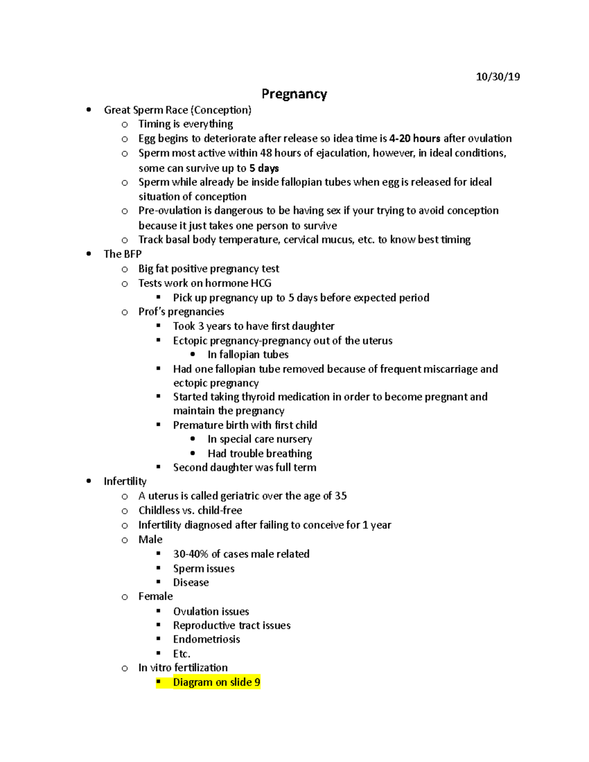 Pregnancy - Lecture notes on Pregancy - 10/30/ Pregnancy Great Sperm ...