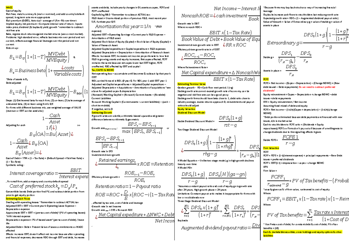 A+ Cheatsheet V5 - WACC Cost of equity Risk free , match currency ...