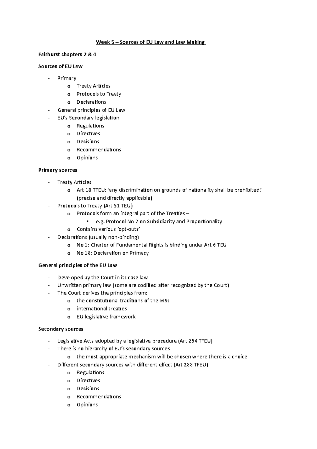 Week 5 - Sources of EU Law and Law making - Week 5 – Sources of EU Law ...