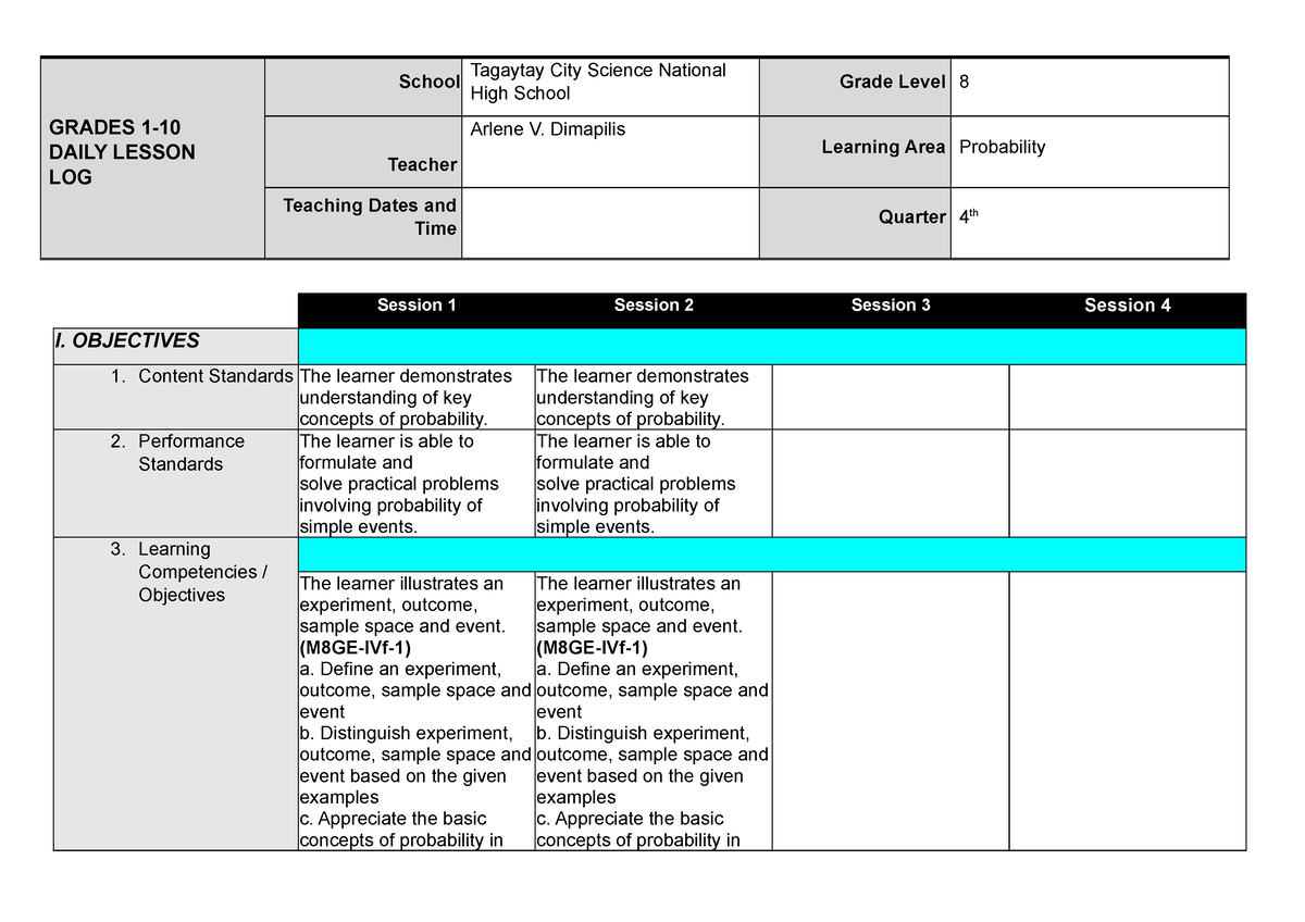 DLL LC53 Fourth -DAY1-2 - GRADES 1- DAILY LESSON LOG School Tagaytay ...