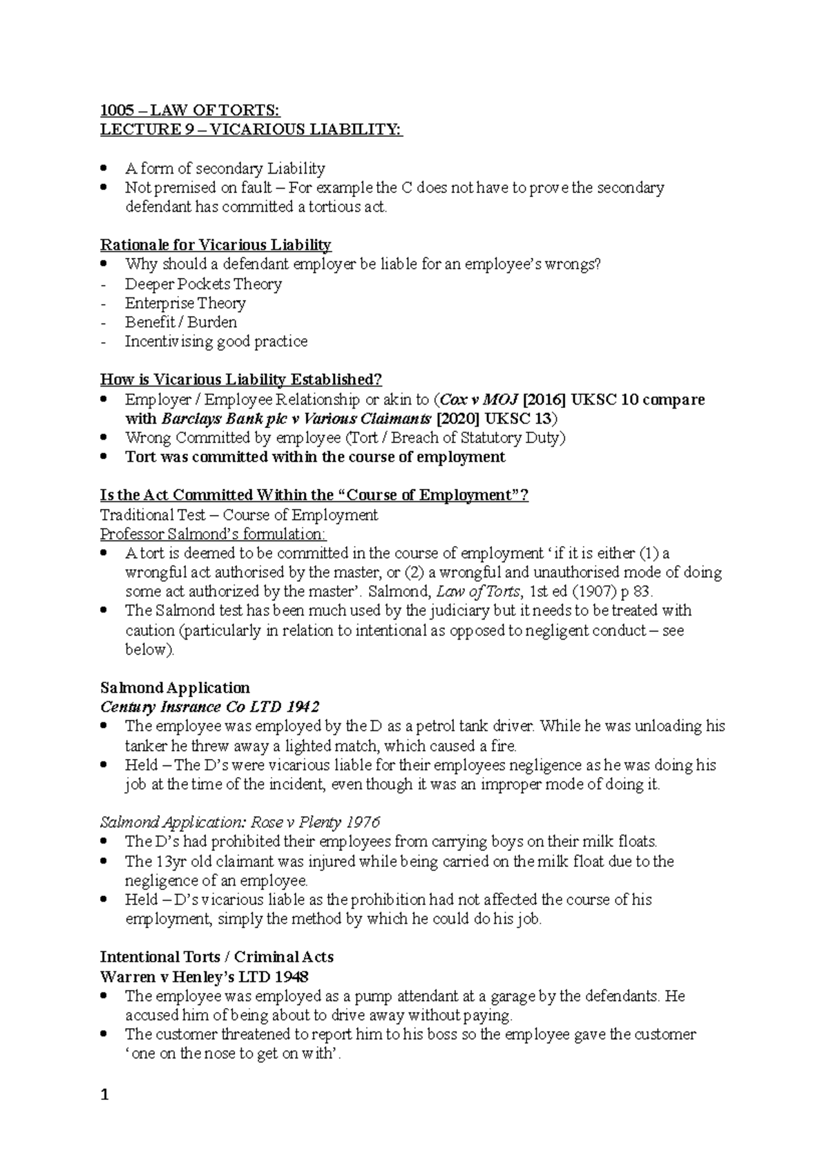1005 Lecture 9 Vicarious Liability 1005 Law Of Torts Lecture 9