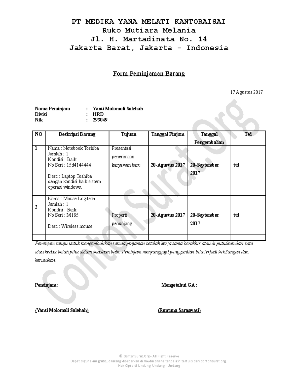 Contoh Form Peminjaman Barang Inventaris Kantor Tahun 2023 PT MEDIKA