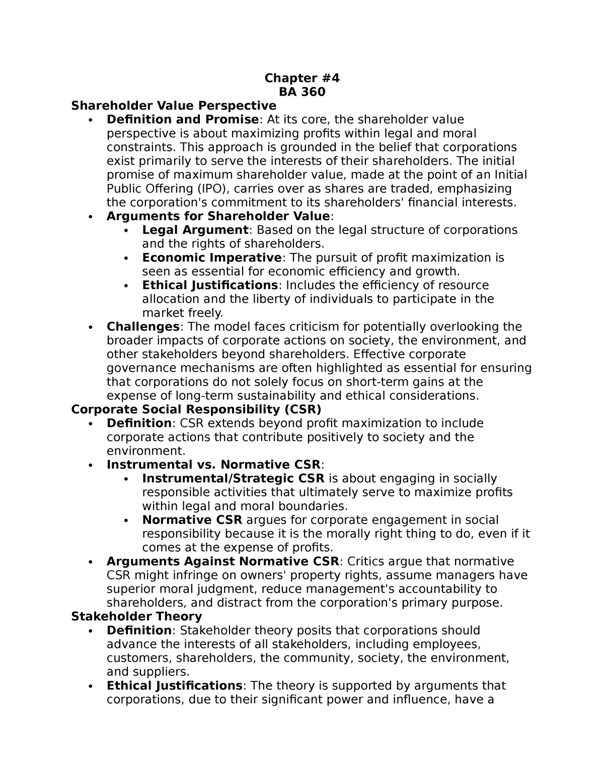 Chapter 4 BA 300 - Chapter # BA 360 Shareholder Value Perspective ...