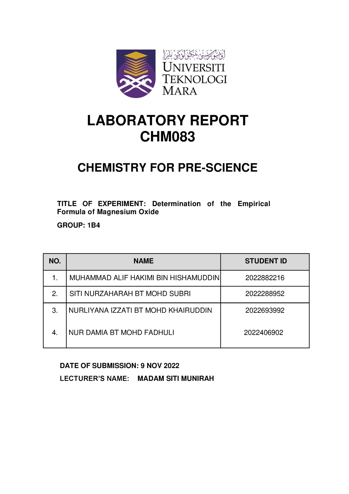 Chm Lab Manual Part 1 - LABORATORY REPORT CHM CHEMISTRY FOR PRE-SCIENCE ...