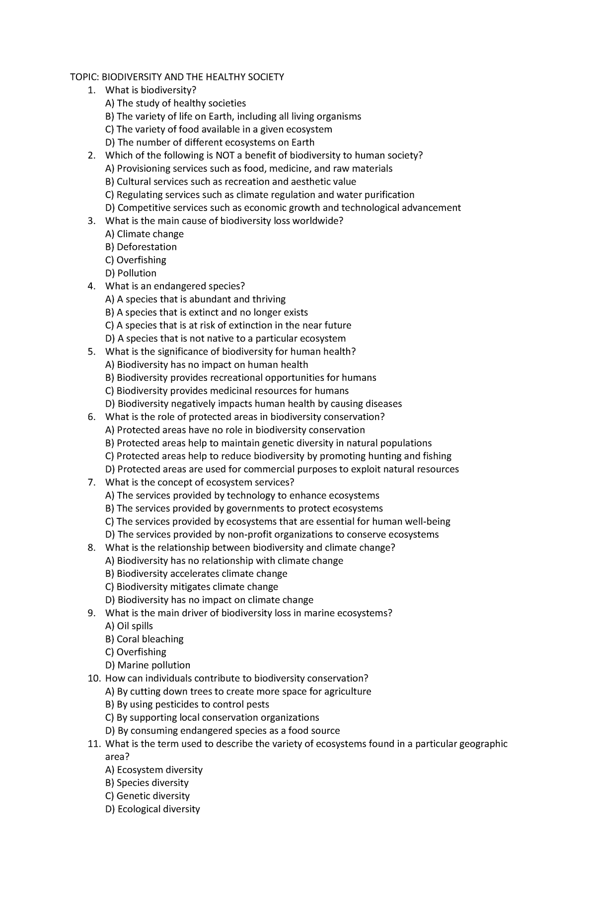 Quiz-Biodiversity - Instructional Materials - TOPIC: BIODIVERSITY AND ...