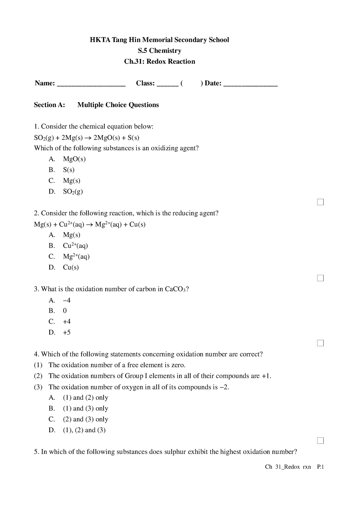 Ch 31 Redox rxn - chem - HKTA Tang Hin Memorial Secondary School S ...