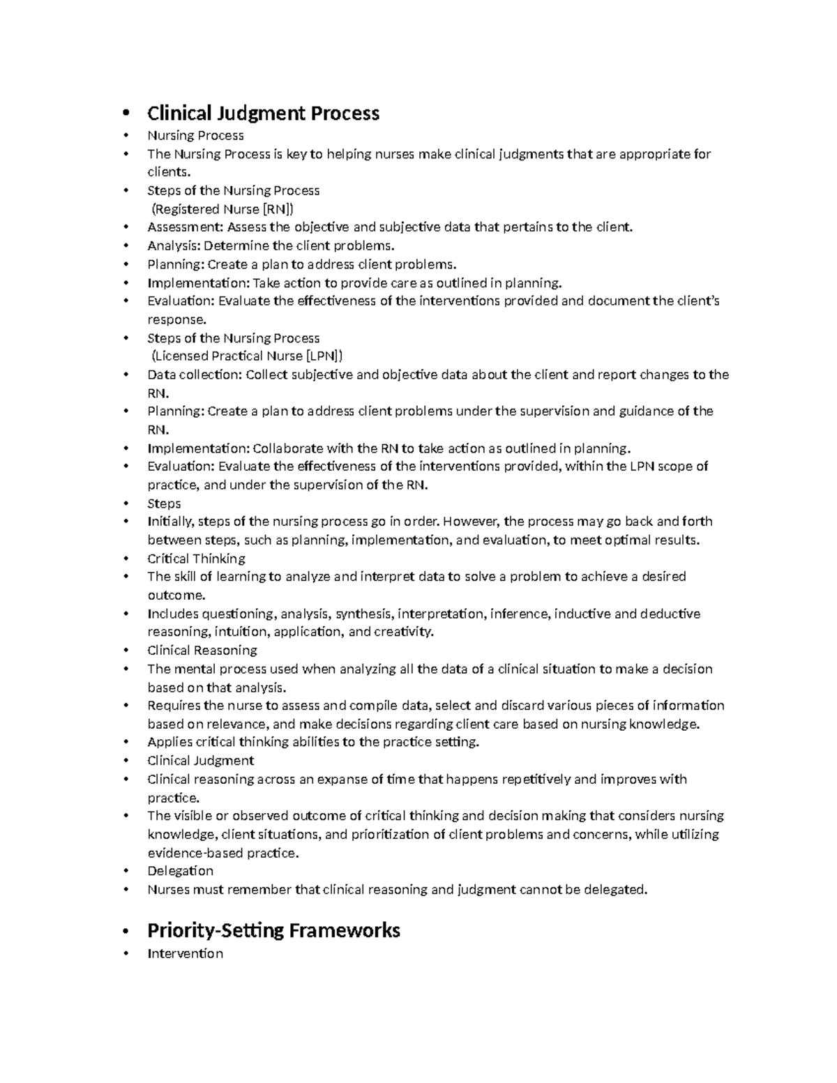 Test 2 - Basic Fundamentals - • Clinical Judgment Process Nursing ...