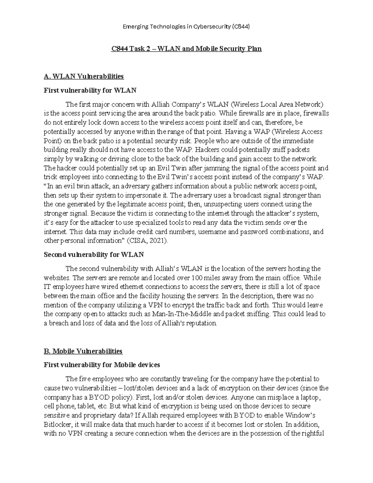 C844 Task 2 - Passed - C844 Task 2 – WLAN And Mobile Security Plan A ...