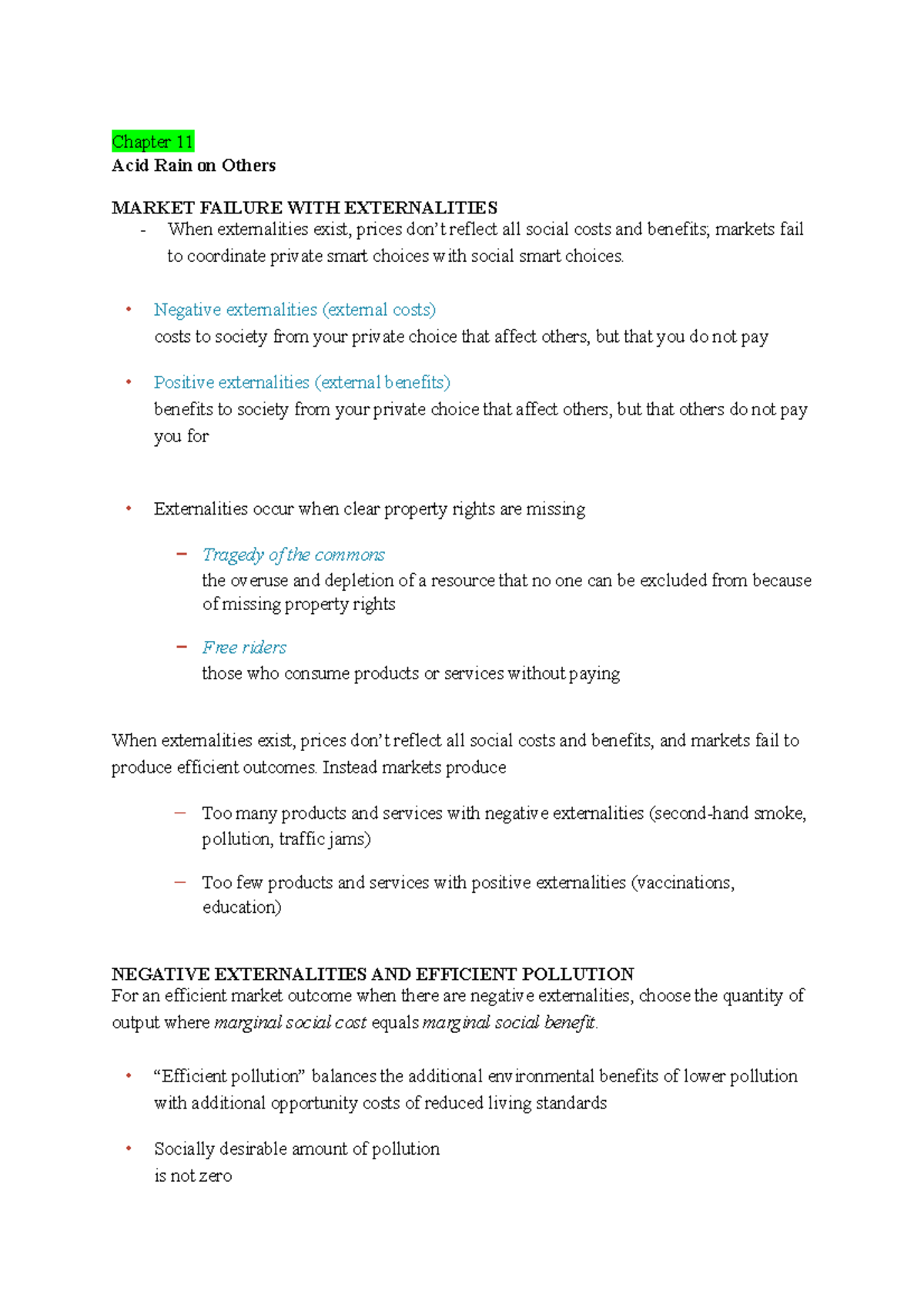 Last quiz notes 11 12 - Chapter 11 Acid Rain on Others MARKET FAILURE ...