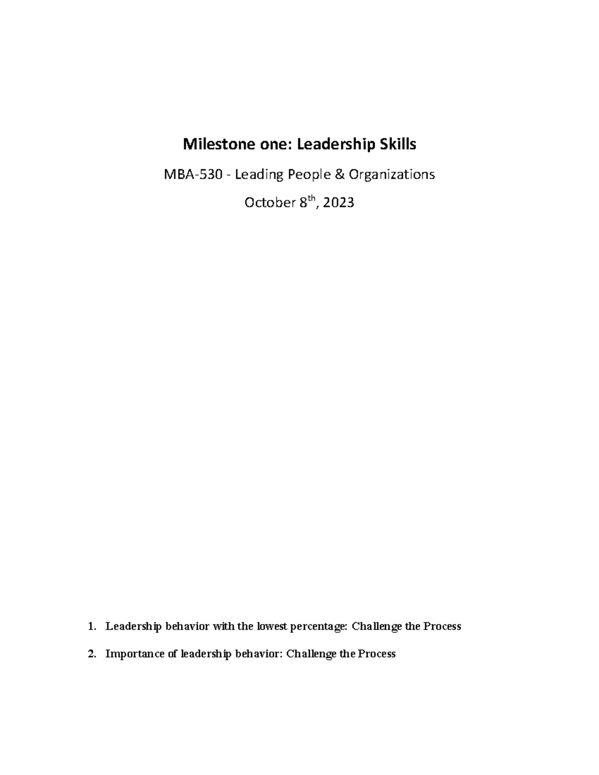 Assignment 3-2 Milestone One - Milestone One: Leadership Skills MBA-530 ...