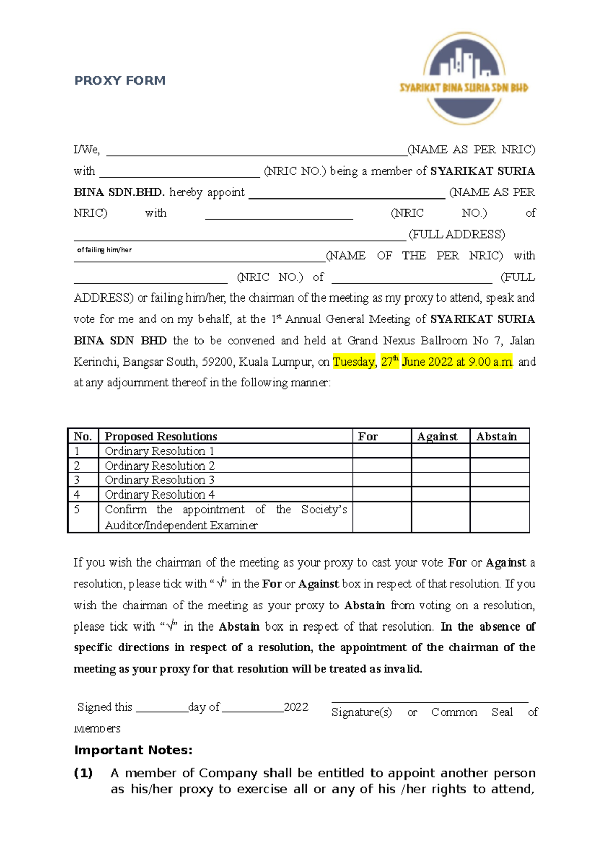 Proxy Form Template For MBOs PROXY FORM I We Studocu