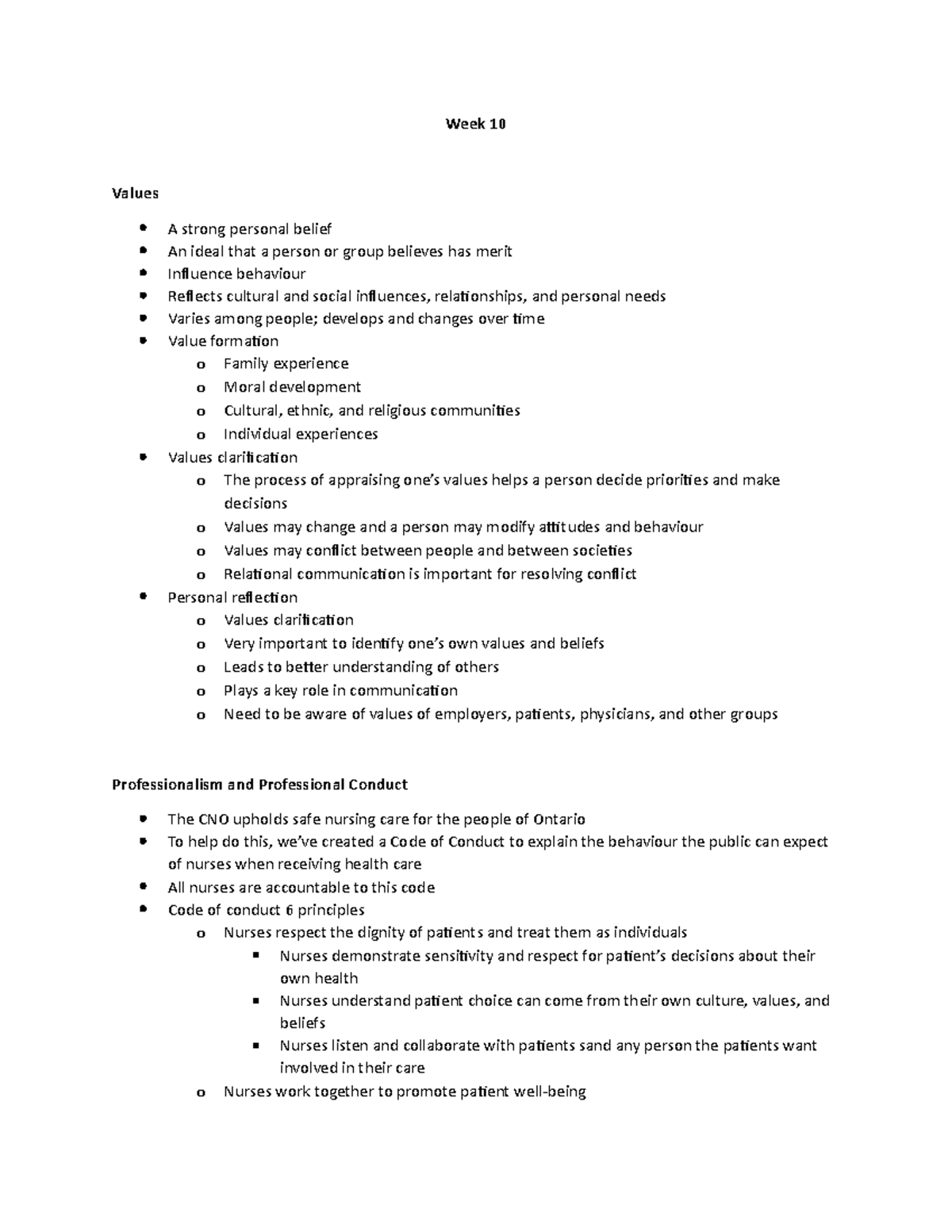 Week 10 Notes - Ethics, conduct, duty to provide - Week 10 Values A ...
