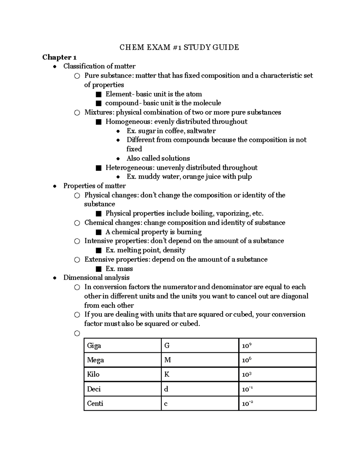 CHEM EXAM #1 Study Guide - CHEM EXAM #1 STUDY GUIDE Chapter 1 ...