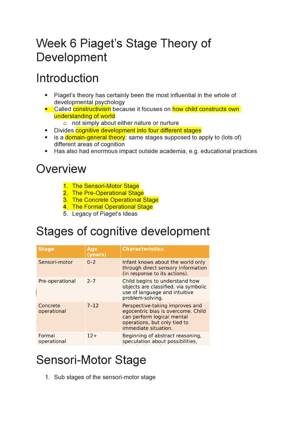 Lecture 6 Piaget Week 6 Piaget s Stage Theory of Development