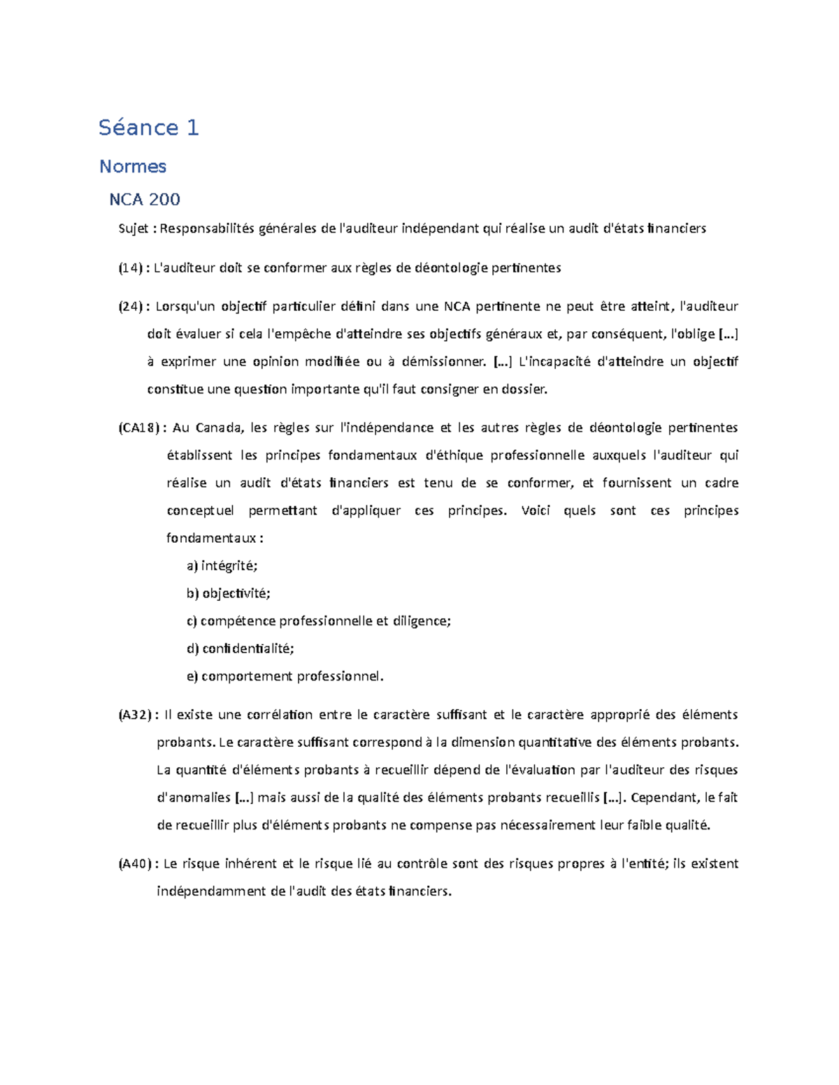 Révision pour intra - Séance 1 Normes NCA 200 Sujet : Responsabilités ...