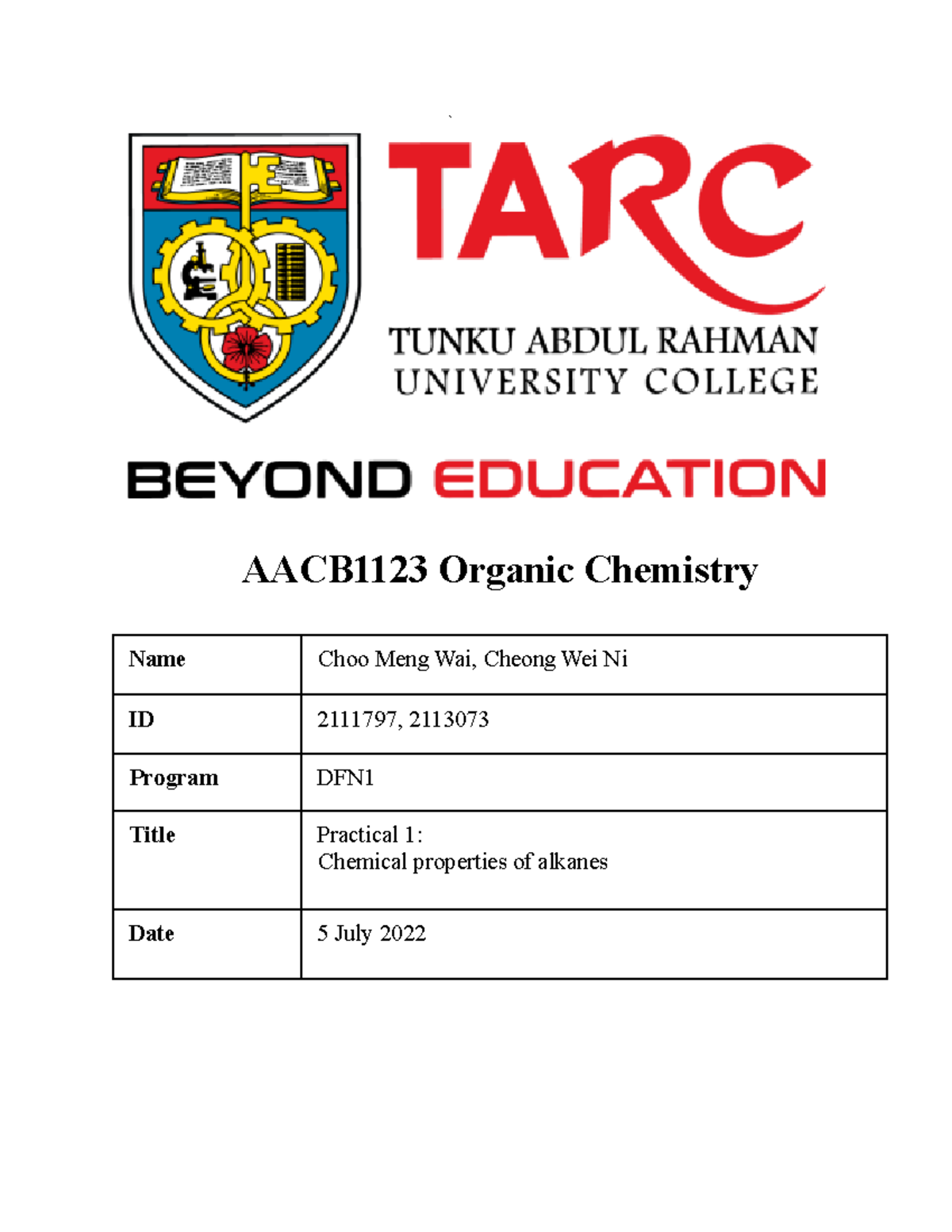 AACB1123 Organic Chemistry Practical 1 Report - ` AACB1123 Organic ...