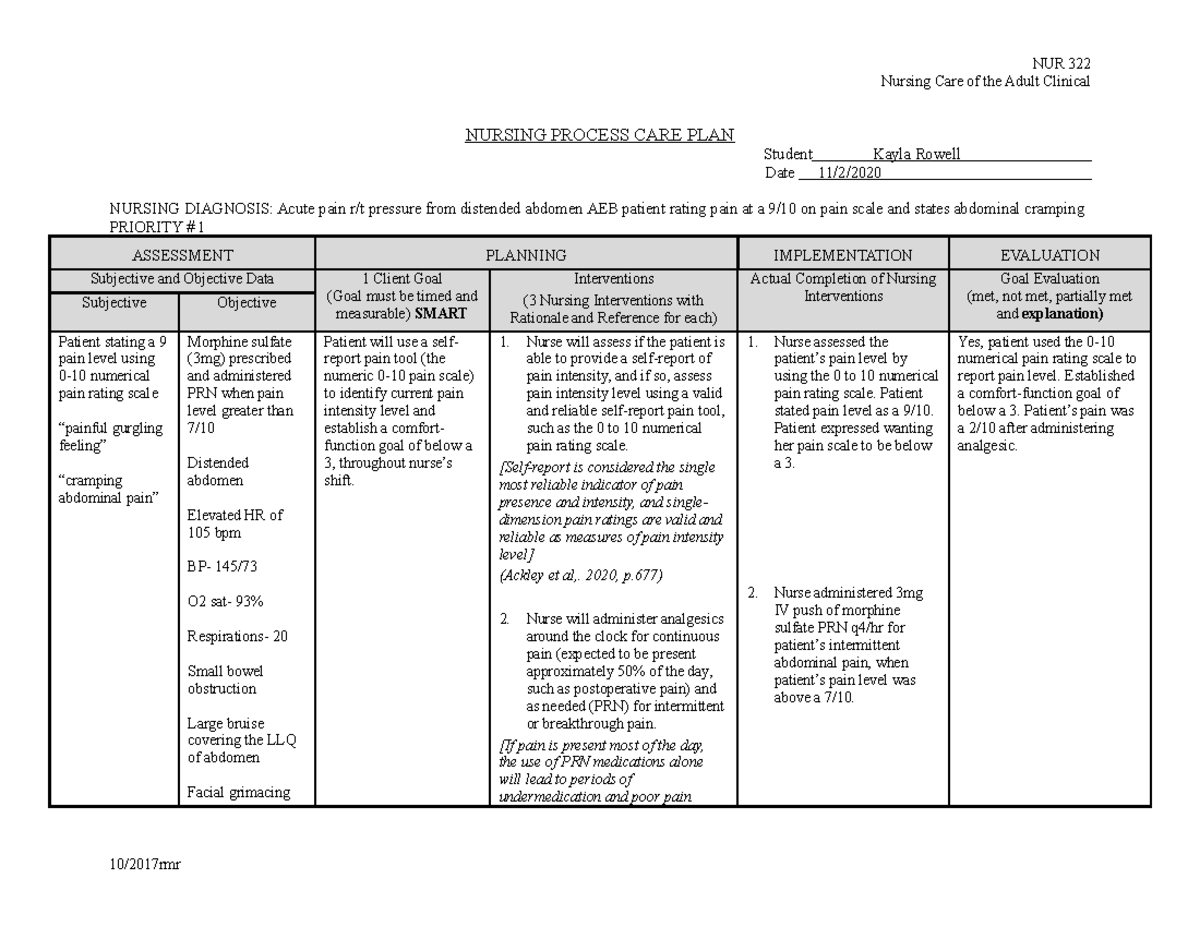 Medsurg Care Plan Nursing Care Of The Adult Clinical NURSING PROCESS 