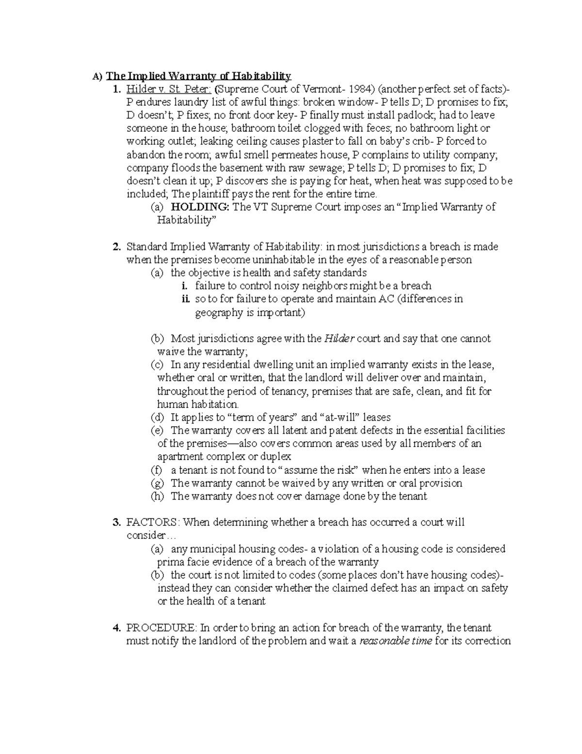 Property Law Outline - 3 - A) The Implied Warranty Of Habitability 1 ...