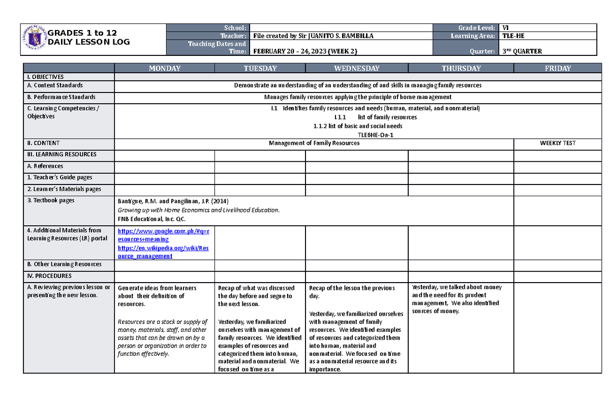 DLL TLE-HE 6 Q3 W2 - DLL TLE-HE - GRADES 1 to 12 DAILY LESSON LOG ...