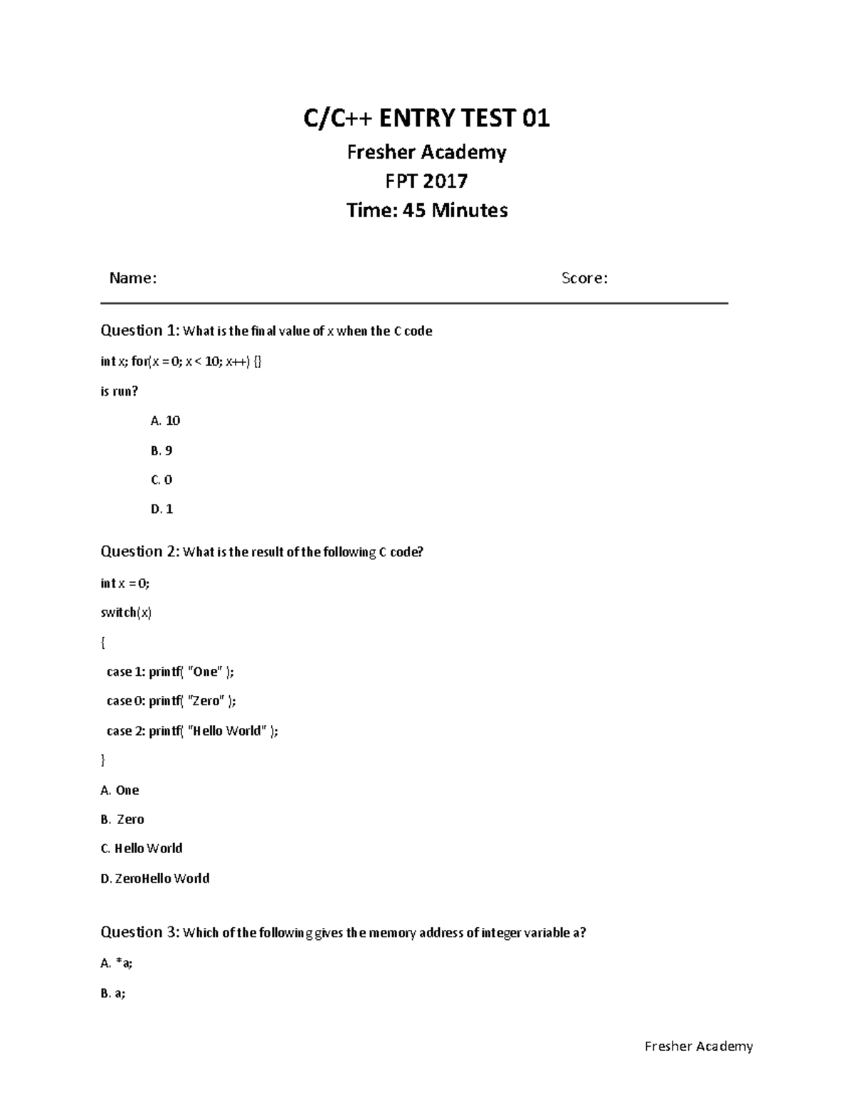 Entry Test - CC++ - 01 - EN (1) - C/C++ ENTRY TEST 01 Fresher Academy ...