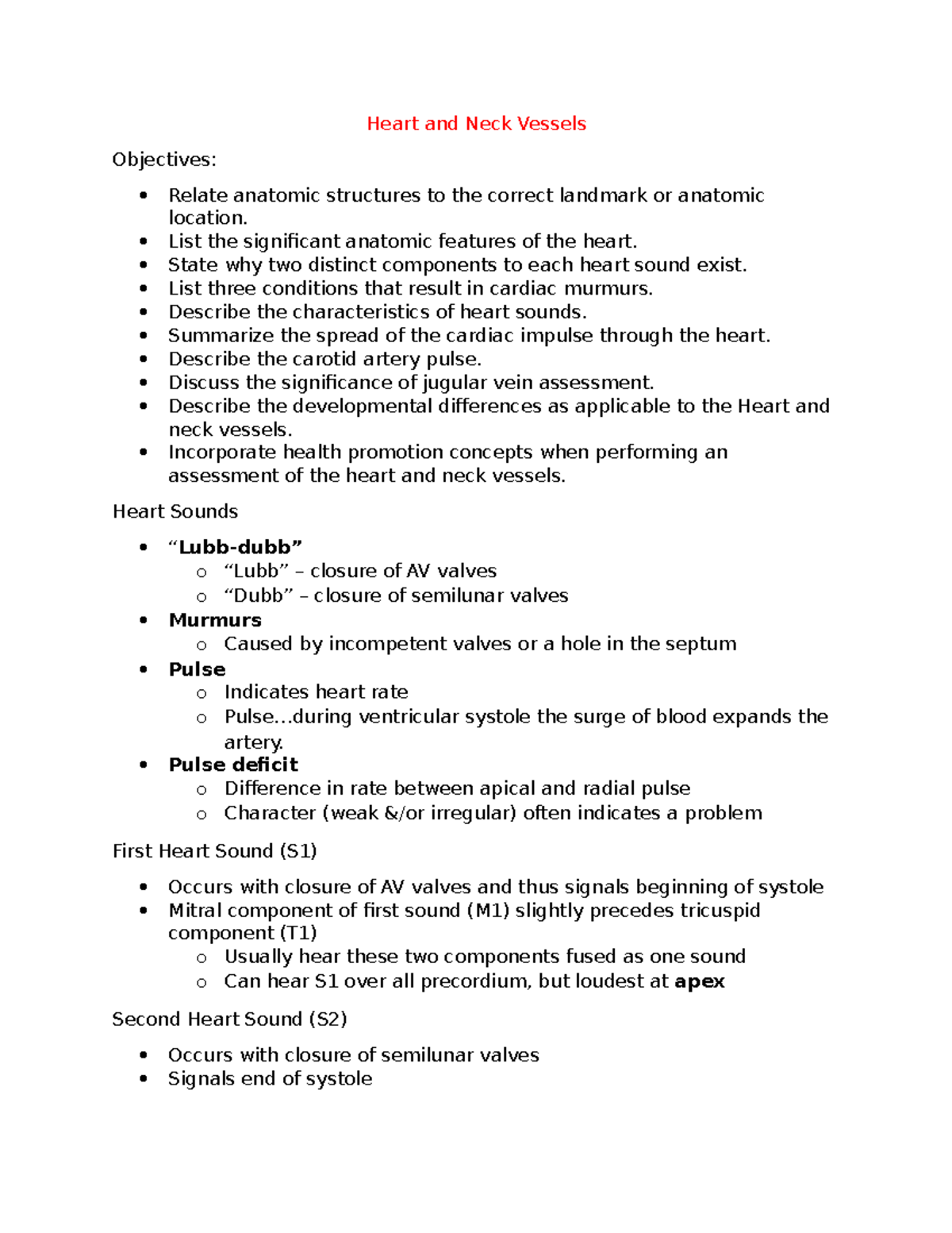NU215 Heart and Neck Vessel Notes - Heart and Neck Vessels Objectives ...
