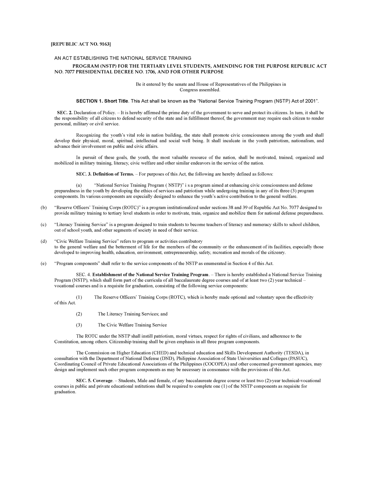 Republic-Act.-No-9163-NSTP-Act-2001 - [REPUBLIC ACT NO. 9163] AN ACT ...