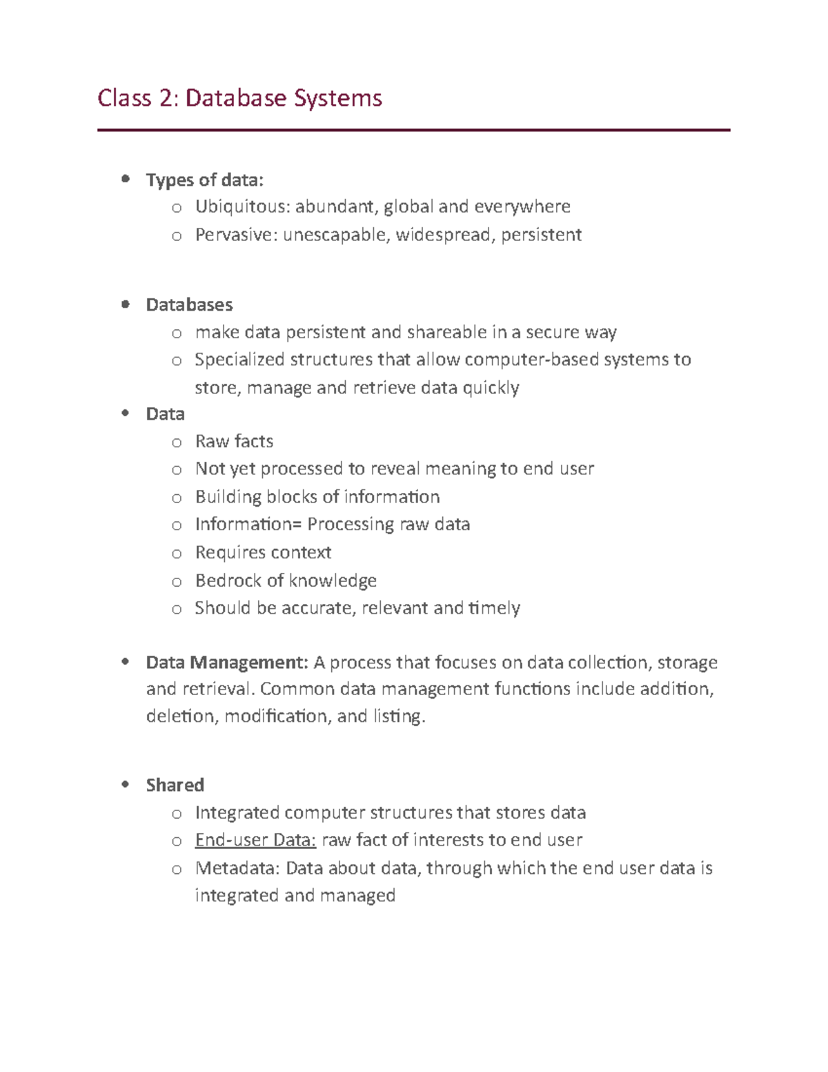 Class 2- Database Management, powperpoint notes - Class 2: Database ...