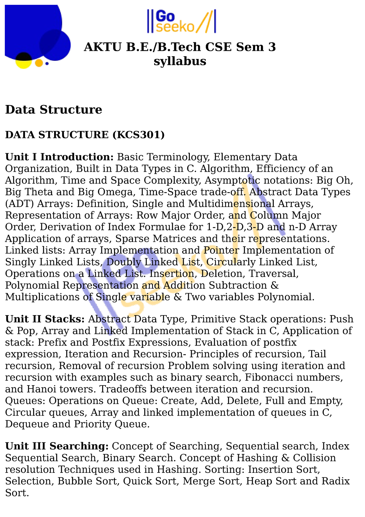 CSE Sem 3 Syllabus - AKTU B.E./B CSE Sem 3 Syllabus Data Structure DATA ...