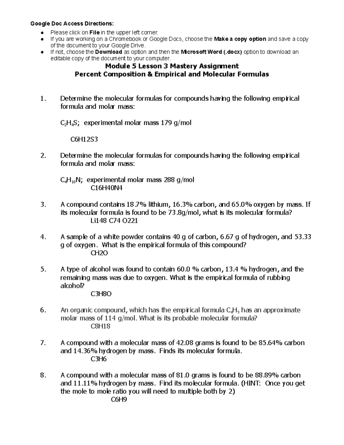 M5L3 Assignment Empirical and Molecular Formula Problems 2023 - Google ...