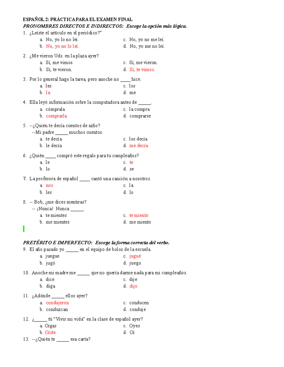 2017 SP 2 Final EXAM Practice TEST Answers - ESPAÑOL 2: PRÁCTICA PARA ...