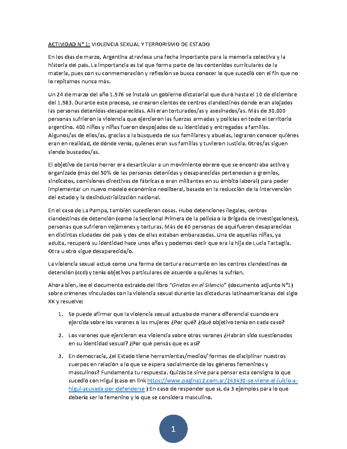 Act. 1. violencia sexual y terrorismo de estado - ACTIVIDAD N° 1 ...