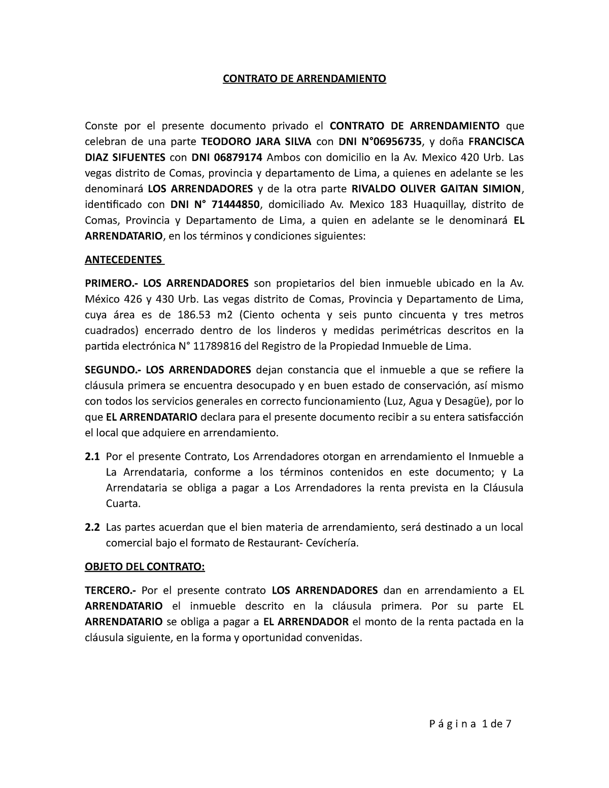 Contrato De Arrendamiento Teodoro Contrato De Arrendamiento Conste Por El Presente Documento 2302