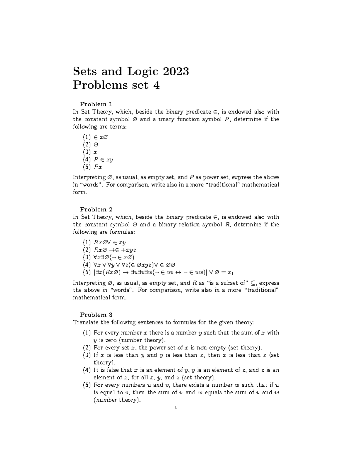 Sets and Logic 2023 Problems sets 4 updated Sets and Logic 2023